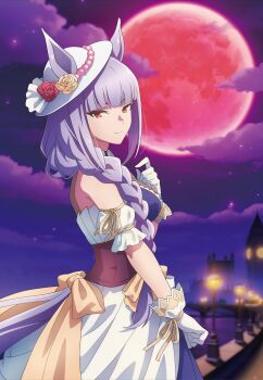 1girl absurdres animal_ears anime_coloring artist_name blunt_bangs braid braided_ponytail breasts closed_mouth cloud corset dress ears_through_headwear full_moon gloves hair_over_shoulder hat highres horse_ears horse_girl lamppost large_breasts long_hair megami_magazine moon moonlight_lunacy_(umamusume) night night_sky official_art outdoors ponytail purple_hair red_eyes red_moon second-party_source single_braid sky smile solo textless_version umamusume umamusume:_cinderella_gray white_dress white_gloves white_hat