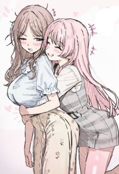 +++ 2girls ^_^ annoyed arms_around_another's_waist bang_dream! bang_dream!_it's_mygo!!!!! belt blush breasts brown_hair chihaya_anon closed_eyes commentary_request dress flying_sweatdrops frilled_shirt frills furrowed_brow grey_dress heart hug hug_from_behind large_breasts leg_up long_hair long_skirt multiple_girls nagasaki_soyo one_eye_closed open_mouth parted_bangs pinafore_dress pink_hair plaid_clothes plaid_dress shirt sidelocks simple_background skirt sleeveless sleeveless_dress smile sweatdrop white_background white_shirt wtsino yellow_skirt yuri
