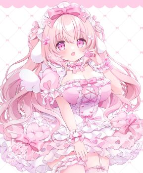 1girl :d artist_logo blush bow breasts chiika_(cure_cherish) cleavage cleavage_cutout clothing_cutout commentary cowboy_shot dated dress frilled_dress frilled_wrist_cuffs frills hair_bow hand_up highres large_breasts logo long_hair looking_at_viewer maid_headdress open_mouth original pink_bow pink_dress pink_eyes pink_hair short_sleeves smile solo symbol-only_commentary twitter_username watermark white_background wrist_cuffs