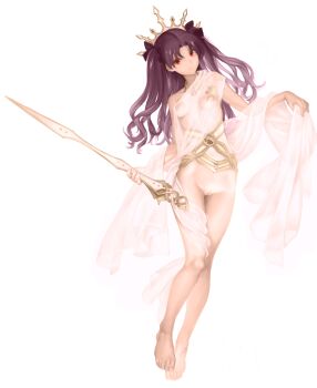 1girl absurdres ancient_greek_clothes barefoot breasts breasts_apart closed_mouth collar crown daftbonkers fate/grand_order fate_(series) feet female_focus full_body greco-roman_clothes highres himation holding holding_sword holding_weapon ishtar_(fate) jewelry light_smile long_hair looking_at_viewer navel no_panties purple_hair pussy red_eyes see-through_clothes simple_background single_bare_shoulder skirt_hold smile solo standing sword toga tohsaka_rin two_side_up uncensored weapon white_background