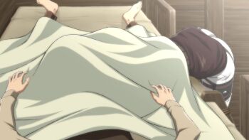 1boy 1girl affair ass bad_tag barefoot bed bed_sheet betrayal cheating_(relationship) disgrace disgust feet fellatio from_above indoors jean_kirstein legs lying mikasa_ackerman military military_uniform netorare on_bed oral out_of_character pants paradis_military_uniform pov shingeki_no_kyojin skirt spread_legs takapiko thigh_strap thighs toes under_covers unfaithful white_pants