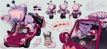 Rule 34 | 2boys, absurdres, ant tenna, artist name, belt, belt buckle, black belt, black eyes, black hair, black pants, blue background, blush, blush stickers, bucket, buckle, caimeow173607, car, cigarette, closed mouth, clothed robot, collared shirt, color guide, colored tongue, commentary, crt, dated, deltarune, english text, full-face blush, gloves, hair slicked back, highres, holding, holding sponge, humanoid robot, jacket, joints, long nose, male focus, motor vehicle, multiple boys, necktie, object head, open mouth, pants, pointy nose, purple tongue, radio antenna, red car, red jacket, robot, robot joints, shirt, shoes, smile, soap, soap bubbles, spamton g. spamton, spamton g. spamton (big shot), sparkle, speech bubble, sponge, star (symbol), sweat, symbol-only commentary, tongue, tongue out, utdr (toby fox), washing vehicle, wet, wet clothes, wet shirt, white gloves, white shirt, yaoi, yellow necktie, yellow shoes