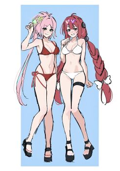 2girls alternate_costume armpits bikini blue_background border braid breasts cleavage eyewear_on_head green_eyes heart heart-shaped_eyewear highres honkai:_star_rail honkai_(series) large_breasts long_hair mihoyo multiple_girls nail_polish navel oyasuuu_m pink_hair platform_sandals ponytail rappa_(honkai:_star_rail) red_bikini red_hair sandals stomach sunglasses swimsuit toenail_polish toenails toes twin_braids twintails ukinami_yuzuha very_long_hair white_bikini white_border zenless_zone_zero