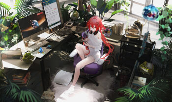 1girl absurdres alternate_costume bare_legs blush braid breasts calendar_(object) casual cellphone chair commission computer_keyboard computer_mouse digital_media_player full_body gaming_chair hair_ornament hairclip headphones headphones_around_neck highres looking_at_viewer medium_breasts monitor multiple_monitors neptune_(series) no_shoes omone_hokoma_agm orange_eyes phone plant potted_plant red_eyes red_hair shin_jigen_game_neptune_vii shirt sitting socks solo swivel_chair tennouboshi_uzume twin_braids twintails vertical_monitor white_shirt white_socks