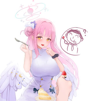 1boy 1girl :d ? absurdres bloom blue_archive blunt_bangs blush breasts bright_pupils buttons cake cake_slice commentary_request cowboy_shot dating doodle_sensei_(blue_archive) double-breasted dress feathered_wings feeding floating_hair flower food fork fruit hair_bun hair_flower hair_intakes hair_ornament halo hands_up highres holding holding_fork korean_commentary large_breasts long_hair looking_at_viewer low_wings mako_draw01 mika_(blue_archive) open_mouth pink_hair pink_halo pov pov_hands purple_flower sensei_(blue_archive) sidelocks simple_background single_side_bun sleeveless sleeveless_dress smile solo_focus spoken_character strawberry very_long_hair white_background white_dress white_pupils white_wings wings yellow_eyes