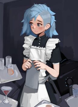 1girl alternate_costume apron aqua_eyes aqua_hair asymmetrical_hair black_dress blush closed_mouth commentary cup dress drinking_glass english_commentary glass highres holding kart_prowler maid medium_hair nyx_(kart_prowler) original short_sleeves sidecut solo split_mouth tray undercut white_apron wine_glass