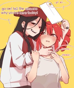2girls absurdres black_eyes black_hair blush cleaver commentary drill_hair drooling english_commentary fang highres holding holding_cleaver kasane_teto kasane_teto_(utau) machuuu68 multiple_girls neck_grab open_mouth red_eyes red_hair shirt sideways_hat simple_background synthesizer_v teeth twin_drills upper_teeth_only utau white_shirt yellow_background yi_xi_(synthesizer_v)