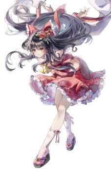 1girl arms_behind_back arms_up ascot black_hair bow brown_eyes closed_mouth commentary_request detached_sleeves embellished_costume floral_print flower frilled_bow frilled_hair_tubes frilled_skirt frills hair_bow hair_flower hair_ornament hair_tubes hakurei_reimu highres long_hair nanop38 print_skirt red_bow red_skirt ribbon-trimmed_sleeves ribbon_trim sandals simple_background skirt skirt_set smile socks solo touhou very_long_hair white_background white_socks yellow_ascot