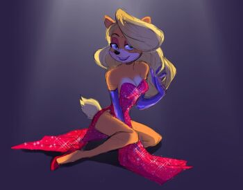 1girl animal_ears animal_nose bad_id bad_tumblr_id bandicoot_are_sawg bare_legs blonde_hair breasts cleavage colored_inner_hair cosplay crash_bandicoot_(series) dress elbow_gloves female_focus gloves grin hand_up high_heels jessica_rabbit_(cosplay) large_breasts long_hair multicolored_hair pelvic_curtain pink_lips purple_gloves red_dress red_shoes shoes simple_background sitting smile solo tail tawna_bandicoot white_background who_framed_roger_rabbit yokozuwari