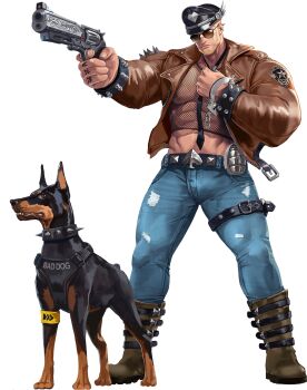 Rule 34 | 1boy, aiming, alternate costume, artist request, bara, beard, biceps, blonde hair, boots, chest plate, collar, collared jacket, crop top, crotchless, cuffs, denim, dog, explosive, facial hair, finger tattoo, fishnets, glasses, grenade, gun, gyee, handcuffs, handgun, hat, highres, jacket, jeans, leather, leather belt, leather boots, leather jacket, leg belt, male focus, manly, mature male, muscular, muscular arms, muscular male, navel, official art, open clothes, open jacket, pants, police hat, revolver, santos (gyee), short hair, spade (shape), spiked collar, spiked jacket, spikes, tattoo, thighs, tight clothes, transparent background, unzipped, weapon