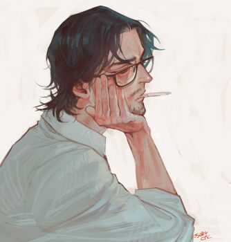 1boy beard_stubble black-framed_eyewear black_hair collared_shirt ctkcave facial_hair hand_on_own_cheek hand_on_own_face looking_to_the_side male_focus mature_male medium_hair mustache_stubble original parted_hair shirt simple_background solo stubble unlit_cigarette_in_mouth white_background white_shirt wolf_cut