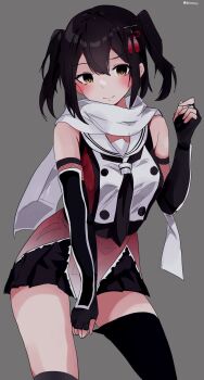 1girl alternate_costume black_neckerchief black_skirt buttons commentary_request contrapposto double-breasted elbow_gloves fingerless_gloves gloves grey_background highres kantai_collection kneehighs miron_(mirona33) neckerchief pleated_skirt red_shirt scarf school_uniform sendai_(kancolle) sendai_kai_ni_(kancolle) serafuku shirt simple_background single_kneehigh single_sock skirt sleeveless sleeveless_shirt smile socks solo twintails white_scarf