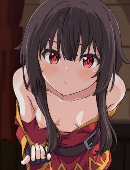 1girl belt belt_buckle black_gloves blush breasts brown_hair buckle collarbone downblouse dress extended_downblouse fingerless_gloves gloves hair_between_eyes highres kono_subarashii_sekai_ni_shukufuku_wo! loli long_sleeves looking_at_viewer megumin nipples no_bra off-shoulder_dress off_shoulder one_breast_out presenting_breasts red_dress red_eyes short_hair_with_long_locks small_breasts solo tamaya