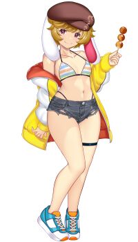 1girl alternate_costume animal_ears arm_behind_back bare_shoulders bikini blonde_hair blue_shoes breasts brown_hat closed_mouth commentary_request dango denim denim_shorts down_jacket flat_cap floppy_ears food full_body hand_up hat hataraki_kuma highres holding holding_skewer jacket looking_at_viewer lop_rabbit_ears micro_shorts multicolored_bikini navel no_socks open_clothes open_jacket rabbit_ears rabbit_girl red_eyes ringo_(touhou) shoes short_hair shorts simple_background skewer small_breasts smile sneakers solo standing stomach striped_bikini striped_clothes swimsuit thigh_strap torn_clothes torn_shorts touhou wagashi white_background wide_hips yellow_jacket