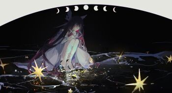 1girl absurdres black_hair closed_eyes closed_mouth columbina_(genshin_impact) commentary crescent dress efanziyu eye_mask full_body genshin_impact hair_ribbon head_wings highres long_hair mask moon_phases multicolored_hair pink_hair ribbon solo squatting star_(symbol) two-tone_hair very_long_hair white_dress white_ribbon white_wings wings