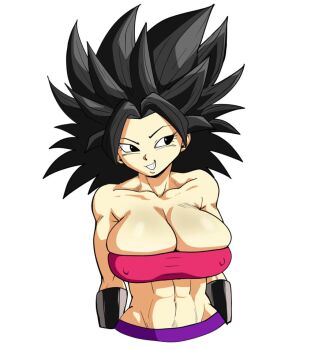 abs black_hair breasts caulifla dragon_ball dragon_ball_super higher_resolution_available large_breasts non-web_source pseudocel saiyan smirk spiked_hair strapless tube_top upper_body