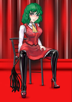 Rule 34 | 1girl, bdsm, black thighhighs, blush, bondage outfit, cat o' nine tails, chair, d'orsay heels, green hair, high heels, holding, holding whip, jewelry, kams, kazami yuuka, latex, latex thighhighs, looking at viewer, neckerchief, necklace, nose blush, on chair, plaid clothes, plaid skirt, plaid vest, red eyes, red lips, red nails, red shoes, shirt, shoes, short hair, sitting, skirt, spread legs, strappy heels, thighhighs, touhou, vest, whip, white shirt, yellow neckerchief