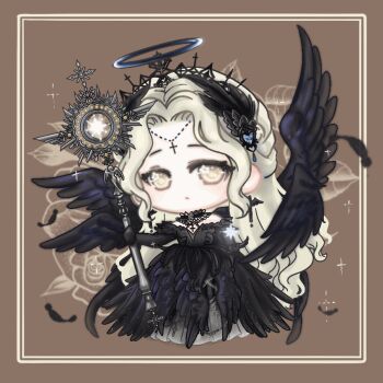 1girl angel_wings animated animated_gif bare_shoulders black_collar black_dress black_gloves black_hair black_wings blinking blonde_hair blue_halo braid brown_background brown_eyes chibi chinese_commentary circlet closed_mouth collar commentary_request cross cross_earrings crown_braid detached_collar dress dustless_feathers_(shining_nikki) earrings elbow_gloves expressionless eyelashes eyeshadow feather-trimmed_dress feather-trimmed_gloves feathered_wings feathers floral_background flower gloves gown halo hexagram high_collar holding holding_staff jewelry lace-trimmed_collar lace_trim light_blush light_frown long_dress long_hair looping_animation makeup multiple_wings nikki_(series) object_floating_above_hand picture_frame pleated_dress rose seraph shining_nikki sidelocks solo sparkle staff standing star_(symbol) star_in_eye strapless strapless_dress symbol_in_eye tiara traditional_halo very_long_hair wavy_hair wings xiaoyu_qixing yellow_eyeshadow