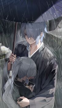 1boy 1girl absurdres ayaka_(genshin_impact) emong funeral genshin_impact grey_hair hair_over_one_eye hashtag-only_commentary height_difference highres holding holding_umbrella hug japanese_clothes kamisato_ayato kimono long_hair oil-paper_umbrella photo_(object) ponytail rain short_hair umbrella