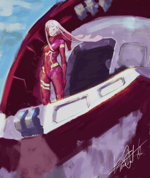 1girl :| absurdres artist_name blood blood_on_face blue_eyes blunt_bangs bodysuit breasts closed_mouth commentary covered_navel cowboy_shot darling_in_the_franxx day emmiaw expressionless floating_hair highres long_hair looking_at_viewer mecha_pilot_suit medium_breasts outdoors parasite_suit_(darling_in_the_franxx) pink_background pink_hair red_bodysuit signature solo standing zero_two_(darling_in_the_franxx)