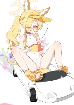 1girl absurdres animal_ear_fluff animal_ears bare_shoulders blonde_hair blue_archive breasts car commentary_request controller covered_erect_nipples covered_navel cross_halo diamond_cutout extra_ears fox_ears fox_girl fox_tail full_body hair_over_one_eye halo highleg highleg_one-piece_swimsuit highres holding holding_controller loli long_hair marshal_(artist) motor_vehicle official_alternate_costume official_alternate_hairstyle one-piece_swimsuit one_eye_covered orange-tinted_eyewear orange_eyes parted_lips sandals seia_(blue_archive) seia_(swimsuit)_(blue_archive) side_ponytail simple_background sitting small_breasts smile solo spread_legs sunglasses swimsuit tail thighs tinted_eyewear toes visor_cap white_background white_car white_one-piece_swimsuit yellow_halo yellow_sandals yellow_visor