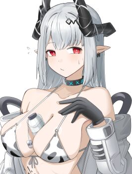 Rule 34 | 1girl, :/, absurdres, alternate breast size (larger), alternate costume, animal print, aqua collar, arknights, bare shoulders, bikini, black bikini, black collar, black gloves, black horns, blush, bottle, bottle between breasts, breasts, bright pupils, cleavage, collar, collarbone, commentary, cow print, cow print bikini, diamond-shaped pupils, diamond (shape), dot nose, ear piercing, front-tie bikini top, front-tie top, gloves, grey hair, hand on own chest, highres, horns, huge breasts, infection monitor (arknights), long hair, looking to the side, material growth, milk bottle, mudrock (arknights), multicolored bikini, multicolored collar, open jumpsuit, oripathy lesion (arknights), piercing, pointy ears, print bikini, red eyes, simple background, small sweatdrop, solo, spam (spamham4506), swimsuit, symbol-shaped pupils, two-tone bikini, two-tone collar, upper body, white background, white bikini, white pupils