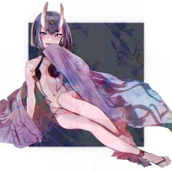 1girl ankle_ribbon bob_cut breasts clothes_down fang fate/grand_order fate_(series) full_body hand_to_own_mouth headpiece highres horns japanese_clothes kimono leg_ribbon long_sleeves looking_at_viewer memori_(sadakadeha_nai) navel oni open_mouth purple_eyes purple_hair purple_kimono revealing_clothes ribbon short_eyebrows short_hair shuten_douji_(fate) shuten_douji_(first_ascension)_(fate) skin-covered_horns sleeves_past_fingers sleeves_past_wrists small_breasts smile square