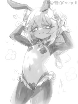 1girl animal_ears bilibili_username fake_animal_ears flat_chest genshin_impact greyscale hands_up heart_maebari highres kupa_(jesterwii) loli long_hair looking_at_viewer maebari monochrome nahida_(genshin_impact) navel pantyhose pasties rabbit_ears reverse_bunnysuit reverse_outfit side_ponytail simple_background smile solo standing stomach white_background