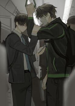 Rule 34 | 2boys, absurdres, alternate costume, black coat, black eyes, black hair, black jacket, blue necktie, coat, collared shirt, cowboy shot, hand grip, hand on another's arm, highres, holding hand grip, jacket, keomikan, kim dokja, male focus, mask, mouth mask, multiple boys, necktie, omniscient reader's viewpoint, people, shirt, short hair, standing, striped clothes, striped jacket, train interior, white shirt, yoo joonghyuk