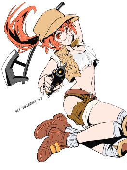 1girl absurdres aiming aiming_at_viewer axe belt breasts brown_belt brown_hat brown_shoes brown_shorts brown_vest clothing_cutout commentary_request crop_top field_cap fio_germi glasses grey_socks grin gun hat highres hip_vent holding holding_axe holding_gun holding_weapon klixxxx knee_pads looking_at_viewer metal_slug navel open_clothes open_vest orange_eyes orange_hair rimless_eyewear round_eyewear shoes short_shorts shorts simple_background smile socks solo underboob vest weapon white_background