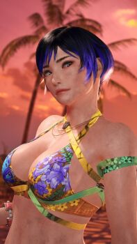 1girl 3d bikini bikini_top_only breasts cleavage cosplay cover female_focus game_screenshot highres large_breasts miary_zo miary_zo_(cosplay) mod multicolored_bikini multicolored_bikini_top namco purple_hair reina_(tekken) short_hair solo swimsuit tekken tekken_8 video_game_cover