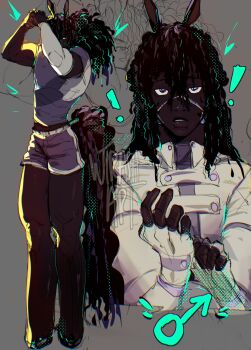 ! 1boy absurdres adjusting_clothes adjusting_gloves animal_ears arms_up aysi_ac black_hair commentary dark-skinned_male dark_skin english_commentary fingerless_gloves friesian_horse_girl full_body genderswap genderswap_(ftm) gloves gym_shorts hair_between_eyes highres horse_boy horse_ears horse_tail jacket lips long_hair long_sleeves male_focus mars_symbol multiple_views original parted_lips shirt short_sleeves shorts sketch standing tail umamusume upper_body very_dark_skin