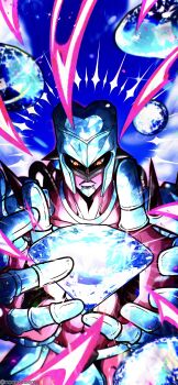 2others absurdres colored_skin commentary crazy_diamond diamond_(gemstone) diamond_wa_kudakenai energy english_commentary gem helmet highres jojo_no_kimyou_na_bouken killer_queen looking_at_viewer multiple_others noonvincent open_hands orange_eyes other_focus pink_skin sky solo spikes stand_(jojo) twitter_username upper_body