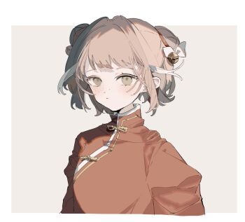 Rule 34 | 1girl, bell, double bun, dress, family hierarch candidate (identity) (project moon), freckles, hair bell, hair bun, hair ornament, hashtag-only commentary, highres, ishmael (project moon), jingle bell, limbus company, long sleeves, multicolored hair, orange hair, project moon, red dress, short hair, solo, streaked hair, tetetebi, white streaks