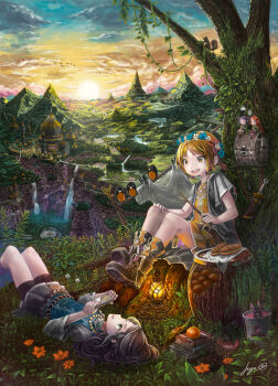 4girls bird black_boots black_hair book book_stack boots brown_eyes brown_hair bucket clothes_pin cloud cloudy_sky collarbone commentary_request day flower food fruit grass hair_flower hair_ornament highres lantern long_hair looking_at_another lying mandarin_orange mini_person minigirl multiple_girls nagi_itsuki on_back open_mouth orange_(fruit) original outdoors red_hair sandwich scenery short_hair short_sleeves signature sitting sky smile teeth tongue tree upper_teeth_only water waterfall zipper zipper_pull_tab