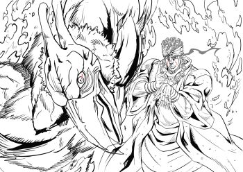 1boy 1other araki_hirohiko_(style) beak commentary_request facial_mark fire greyscale headband highres ishimoto_shun'ichi jewelry jojo_no_kimyou_na_bouken jojo_pose lips magician's_red male_focus manly mohammed_avdol monochrome muscular muscular_male necklace official_style robe spot_color stand_(jojo) stardust_crusaders