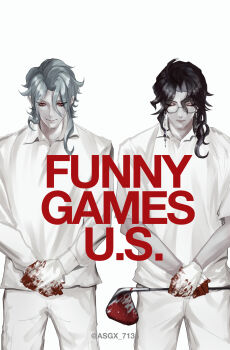 Rule 34 | 2boys, absurdres, black hair, blood, blood on hands, bloody weapon, closed mouth, commentary request, copyright name, dottore (genshin impact), eyelashes, funny games, genshin impact, golf club, grey hair, highres, holding, holding golf club, looking at viewer, male focus, milk in first, multiple boys, pantalone (genshin impact), parody, poster parody, shirt, short hair, simple background, twitter username, weapon, white background, white shirt