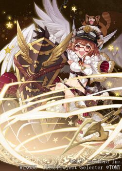 1girl angel angel_wings animal animal_ears animal_on_head black_gloves brown_eyes brown_hair dress glasses gloves hat kei_s01 looking_at_viewer medium_hair nijisanji official_art on_head open_mouth panda_ears panda_girl raccoon ratna_petit ratna_petit_(1st_costume) red-framed_eyewear smile solo virtual_youtuber white_dress white_hat wings wixoss