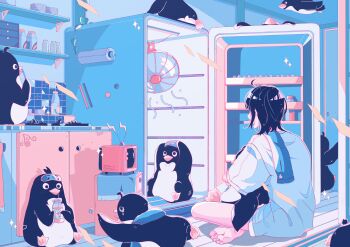 Rule 34 | 1girl, absurdres, barefoot, bird, black hair, blue theme, commentary request, drinking, drinking straw, electric fan, from side, glass bottle, highres, indian style, indoors, kitchen, long shirt, open mouth, original, penguin, rabbit ears antenna, refrigerator, shirt, short hair, short sleeves, sitting, soles, solo, sparkle, t-shirt, television, too many, too many birds, towel, towel on one shoulder, yasi irasuto