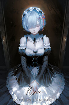 1girl blue_hair breasts closed_eyes closed_mouth detached_sleeves dress frilled_dress frilled_sleeves frills hair_over_one_eye hair_ribbon highres lips maid maid_headdress medium_breasts nixeu re:zero_kara_hajimeru_isekai_seikatsu rem_(re:zero) ribbon roswaal_mansion_maid_uniform short_hair solo