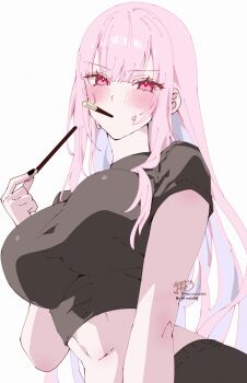 1girl absurdres alternate_costume arm_at_side black_shirt blunt_bangs breasts center-flap_bangs commentary cropped_shirt double-parted_bangs english_commentary food food_in_mouth hand_up highres holding holding_food holding_pocky hololive hololive_english kamiya_maneki large_breasts long_hair looking_at_viewer midriff mori_calliope navel pink_eyes pink_hair pocky pocky_day pocky_in_mouth shirt short_sleeves sidelocks simple_background solo sweat t-shirt upper_body variant_set virtual_youtuber white_background