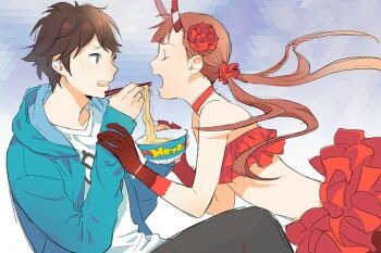 1boy 1girl amelie999 blue_jacket brown_hair c_(control) choker chopsticks closed_eyes colored_extremities commentary_request feeding food frilled_skirt frills holding holding_chopsticks hood hood_down horns instant_cup_noodles instant_noodles jacket low_twintails mashu_(control) noodles open_mouth shirt short_hair skirt striped_horns twintails white_shirt yoga_kimimaro