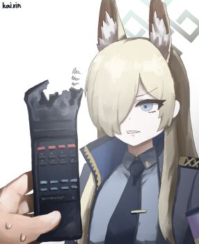 1boy 1girl absurdres animal_ear_fluff animal_ears bite_mark black_jacket black_necktie blonde_hair blue_archive blue_eyes blue_shirt clenched_teeth commentary controller dog_ears dog_girl extra_ears feral_instincts hair_over_one_eye halo highres holding holding_remote_control jacket kai_xin kanna_(blue_archive) long_hair long_sleeves looking_at_viewer necktie nervous_sweating parted_bangs police police_uniform policewoman pov pov_hands remote_control sensei_(blue_archive) sharp_teeth shirt sidelocks simple_background sweat teeth upper_body v-shaped_eyebrows white_background