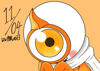 Rule 34 | 1girl, absurdres, blush stickers, cape, colored skin, commentary, dated, ghost, ghost pose, good oshi day, highres, kabu siki, kamen rider, kamen rider ghost (series), no humans, one-eyed, orange background, orange eyes, orange skin, sharp teeth, simple background, solo, teeth, translated, white cape, yurusen