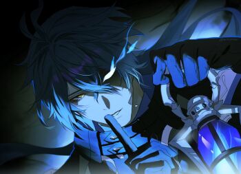 1boy bags_under_eyes black_coat black_gloves blue_background blue_fire blue_hair coat collared_coat commentary_request fire flaming_eye flins_(genshin_impact) floating_hair genshin_impact gloves gradient_background gradient_hair hair_between_eyes hair_floating_upwards hands_up highres holding holding_lantern index_finger_raised lantern long_hair long_sleeves looking_at_viewer mikuroron multicolored_hair parted_lips shade shaded_face solo teeth upper_body wavy_hair yellow_eyes