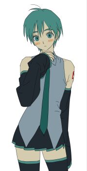 1boy bare_shoulders black_dress black_sleeves black_thighhighs blue_eyes blue_hair blue_trim blush closed_mouth detached_sleeves dress feet_out_of_frame genderswap genderswap_(ftm) hand_up hatsune_miku high_collar highres kaitodream long_sleeves looking_at_viewer short_hair simple_background sleeveless sleeveless_dress solo thighhighs vocaloid white_background zettai_ryouiki