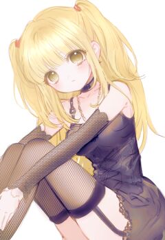 Rule 34 | 1girl, amane misa, breasts, chain, chain necklace, choker, commentary, corset, death note, dress, eyelashes, fishnet sleeves, fishnet thighhighs, fishnets, garter straps, goth fashion, hair tie, highres, jewelry, looking at viewer, mipi (u3u 00), necklace, sitting, thighhighs, two side up, yellow eyes