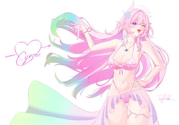 1girl ;o absurdres aqua_hair bikini breasts character_name commentary cyrene_(honkai:_star_rail) cyrene_(ripples_of_past_reverie)_(honkai:_star_rail) diamond-shaped_pupils diamond_(shape) english_commentary flower gradient_hair hair_flower hair_ornament highres honkai:_star_rail honkai_(series) jewelry large_breasts long_hair multicolored_hair multiple_girls navel necklace one_eye_closed pink_bikini pink_hair pointy_ears puithenh purple_eyes sarong see-through_clothes see-through_sarong simple_background solo stomach swimsuit symbol-shaped_pupils thighs variant_set very_long_hair white_background white_hair