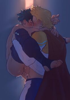 2boys anal blonde_hair blush body_freckles boku_no_hero_academia cape carrying carrying_person earrings freckles green_hair height_difference highres jewelry male_focus male_penetrated midoriya_izuku multiple_boys penis red_cape short_hair spacenipnops superhero_costume togata_mirio yaoi