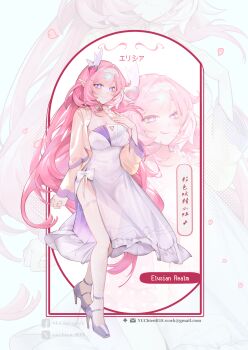 1girl breasts cleavage diamond-shaped_pupils diamond_(shape) dress elf elysia_(herrscher_of_human:_ego)_(honkai_impact) elysia_(honkai_impact) hair_ornament hairband high_heels highres honkai_(series) honkai_impact_3rd large_breasts long_hair looking_at_viewer multicolored_hair pink_hair pointy_ears purple_eyes solo symbol-shaped_pupils thighhighs translation_request triquetra two-tone_hair very_long_hair white_dress white_hair white_hairband white_thighhighs yu_chien_(yuchien4221) zoom_layer